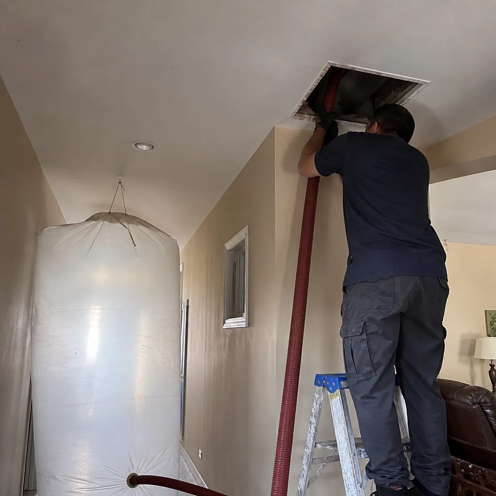 Technician performing professional air duct cleaning service using industrial vacuum equipment