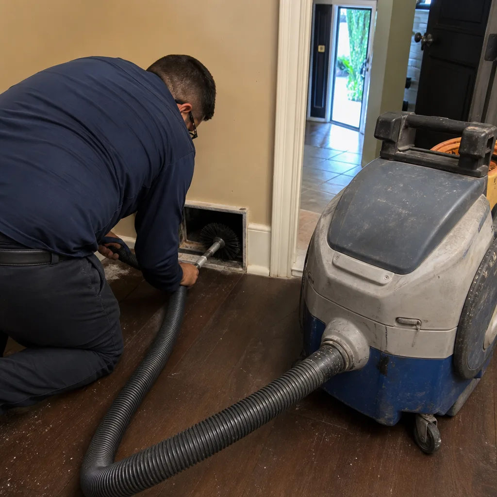 Professional technician performing residential air duct cleaning service with industrial vacuum equipment