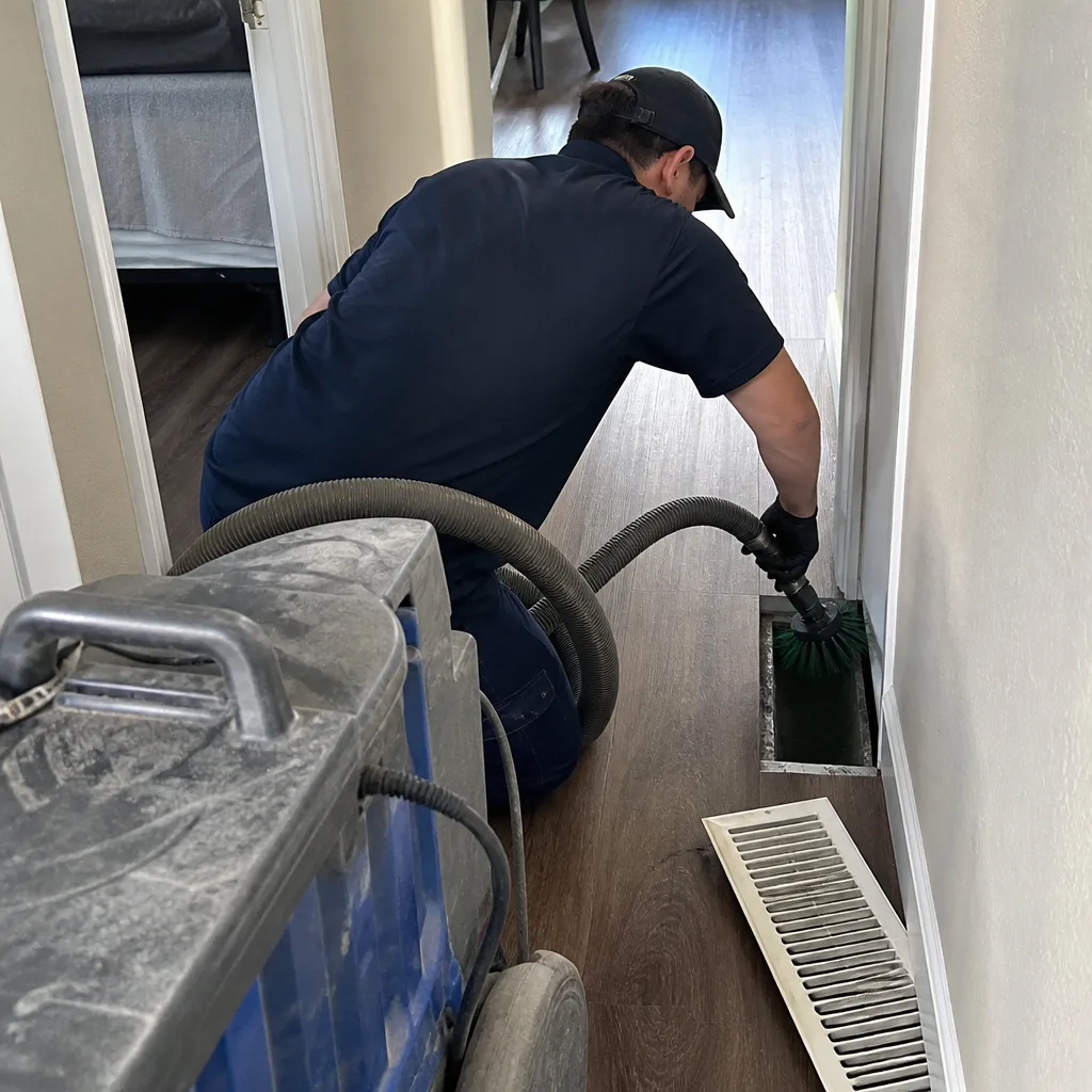 Professional technician performing air duct cleaning with industrial vacuum equipment