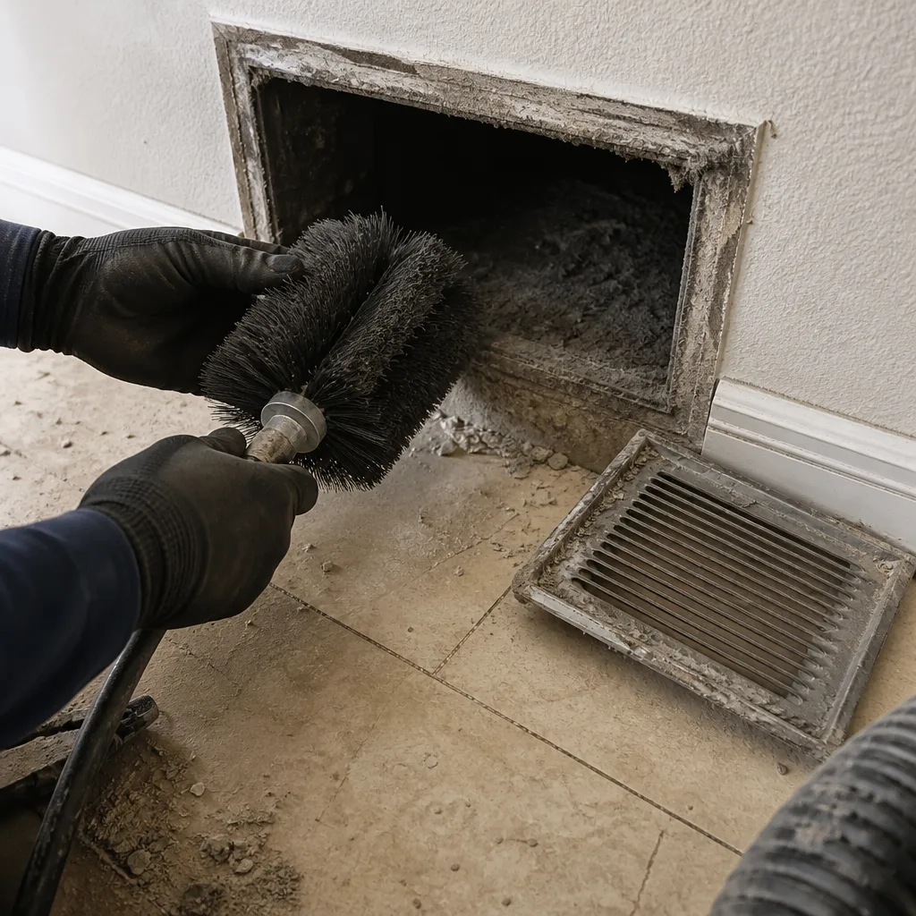 Technician using rotary brush for professional air duct cleaning service