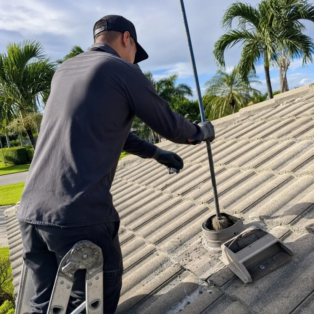 Professional technician performing dryer vent cleaning on a residential roof