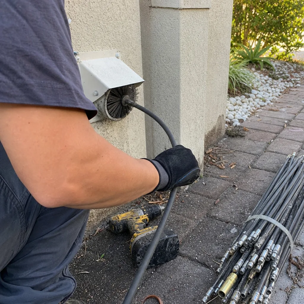 Technician performing professional dryer vent cleaning with a rotating brush tool